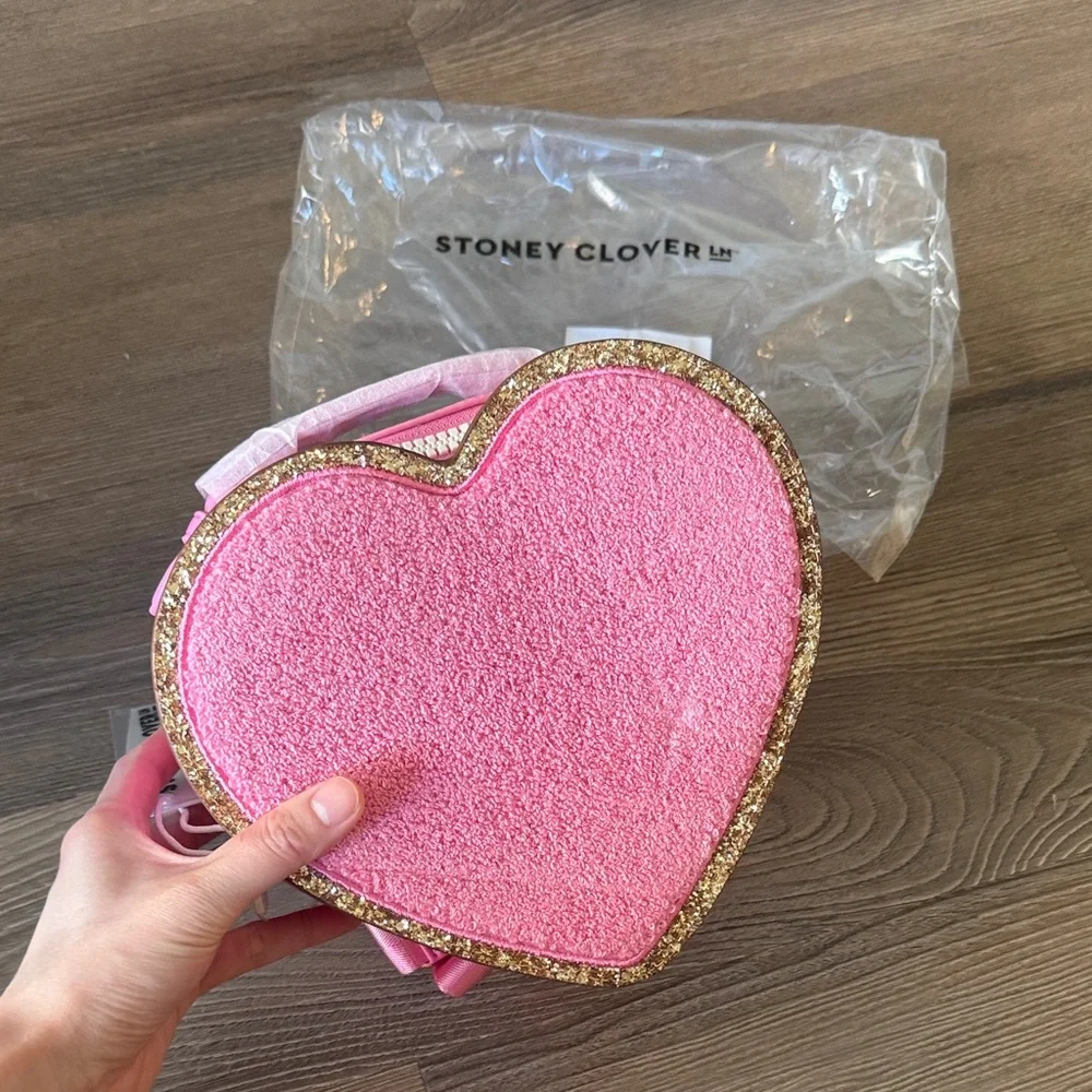 New stoney clover lane pink glitter chenille heart backpack
